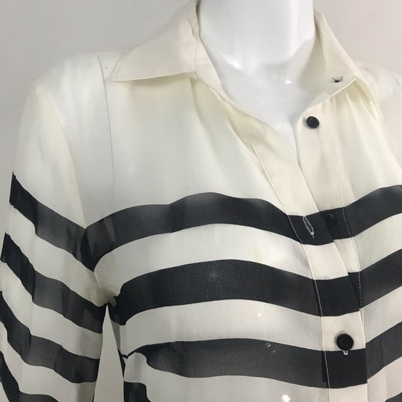 Silk b/w striped button down shirt blouse - Picture 6 of 8